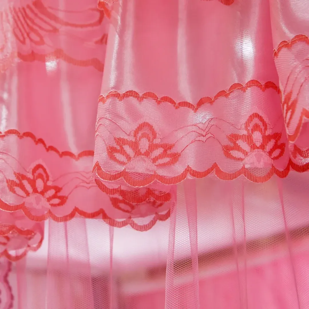 Style Coréen Dentelle Rose Broderie Double Nylon Mélange Rideaux De Lit 4 Coin Poteau Auvent Moustiquaire