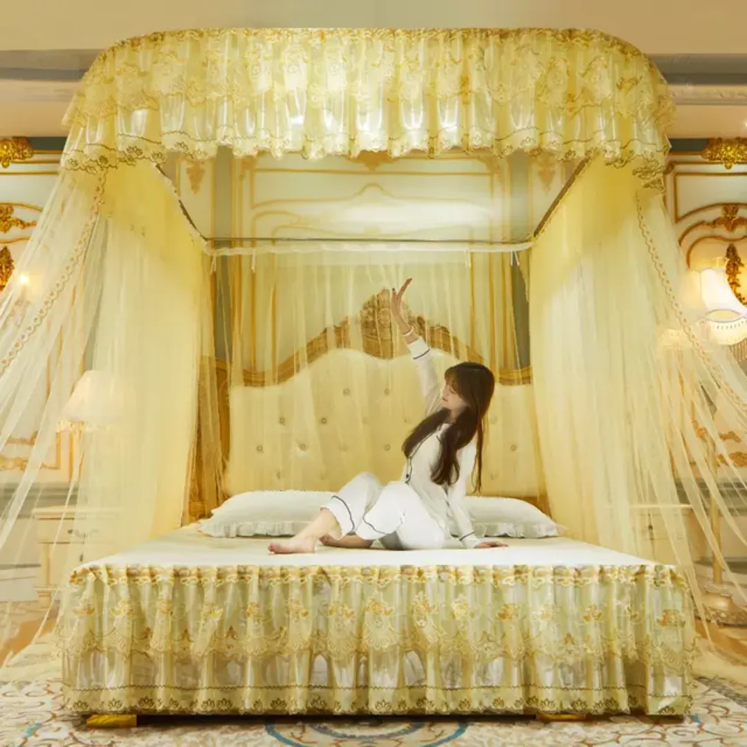 Style Coréen Dentelle Rose Broderie Double Nylon Mélange Rideaux De Lit 4 Coin Poteau Auvent Moustiquaire