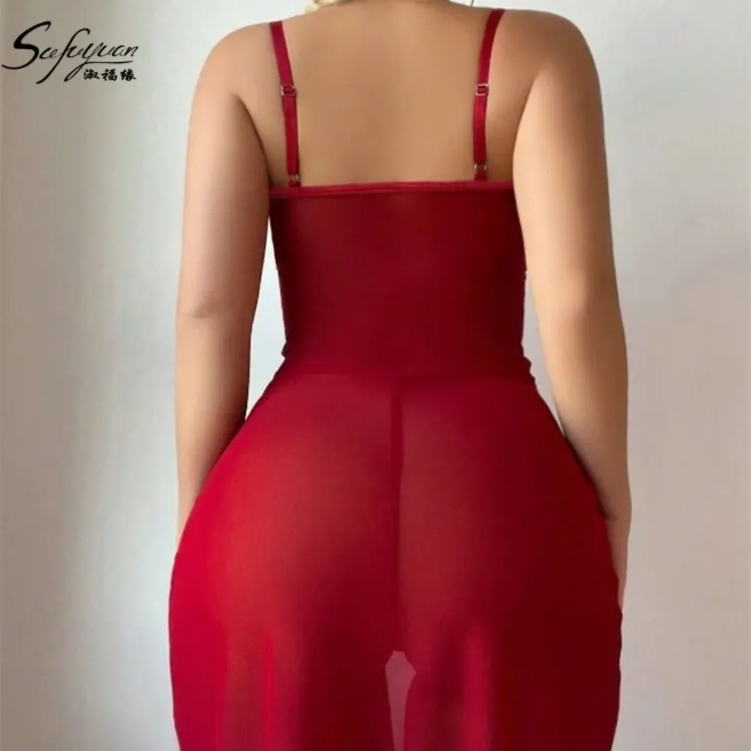 Robe Sexy Transparente en Dentelle Brodée pour Lune de Miel