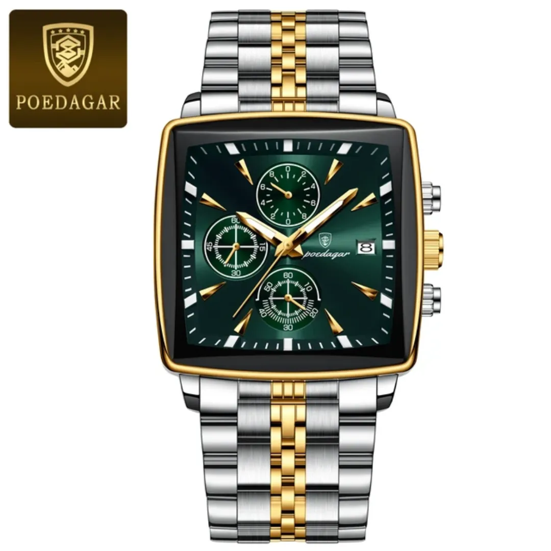 Poedagar Nouvelle Mode Carré En Acier Inoxydable Montres Pour Hommes Étanche Lumineux Chronographe Montre À Quartz