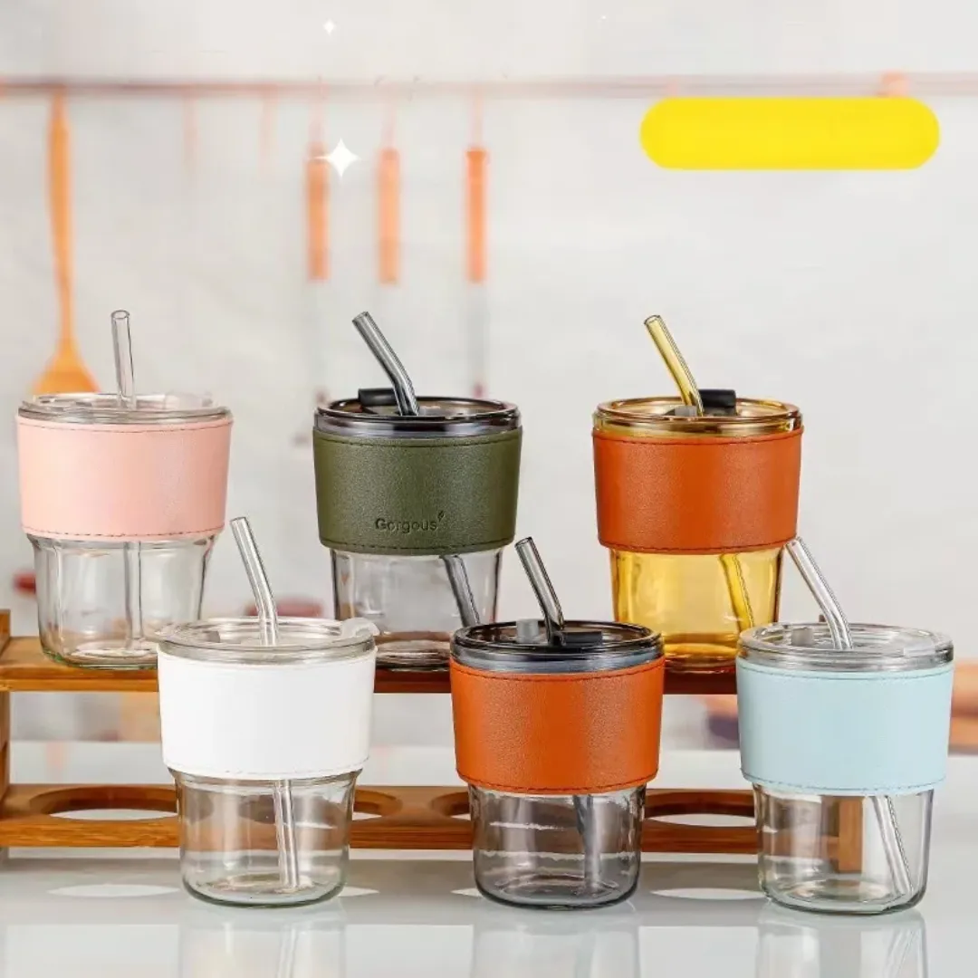 Verres à boire personnalisés avec manchon en cuir - Bouteille d'eau en verre 400ml