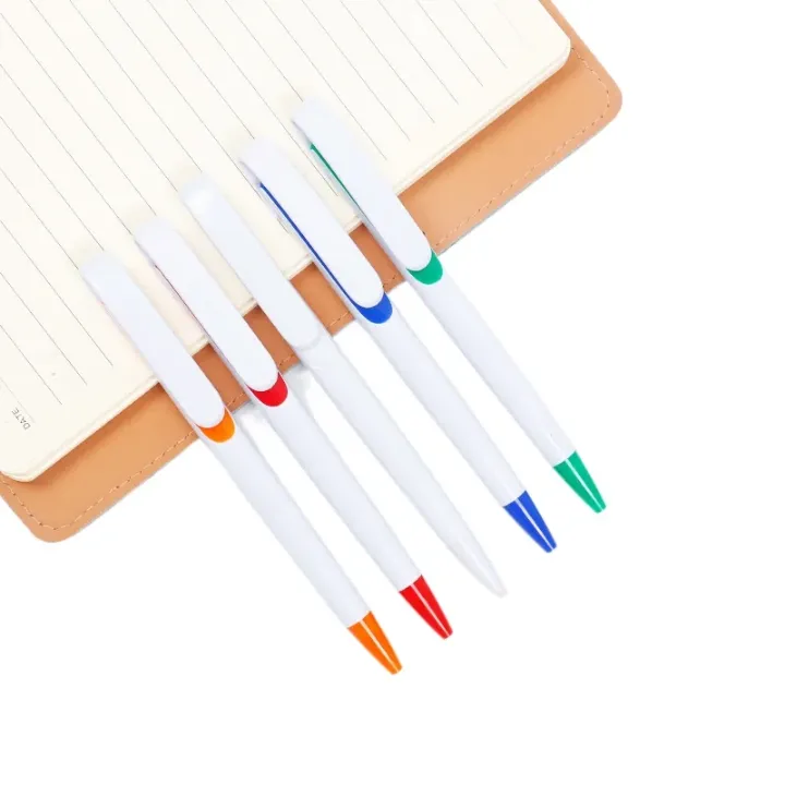 Lot de 100 Stylos Bille Publicitaires – Corps Blanc avec Clip et Bouchon Colorés – Écriture Fluide et Durable