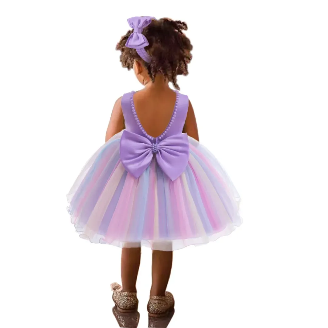 Robe de Princesse pour Fille – Robe de Fête sans Manches avec Nœud et Bandeau