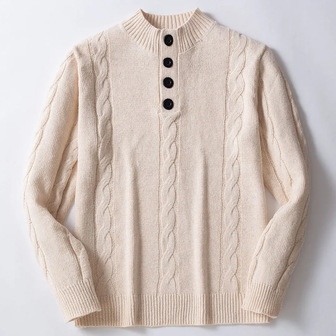 Pull Homme Col Boutonné (Henley) – Maille Torsadée 12GG, Coton/Nylon, Style Décontracté Chic pour Automne/Hiver