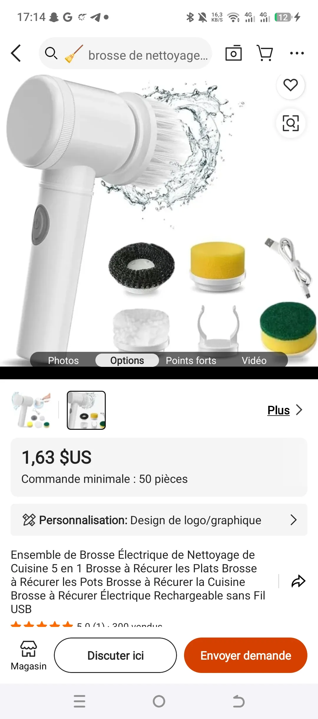 Brosse électrique de nettoyage rechargeable USB – Nettoyeur rotatif sans fil avec têtes interchangeables