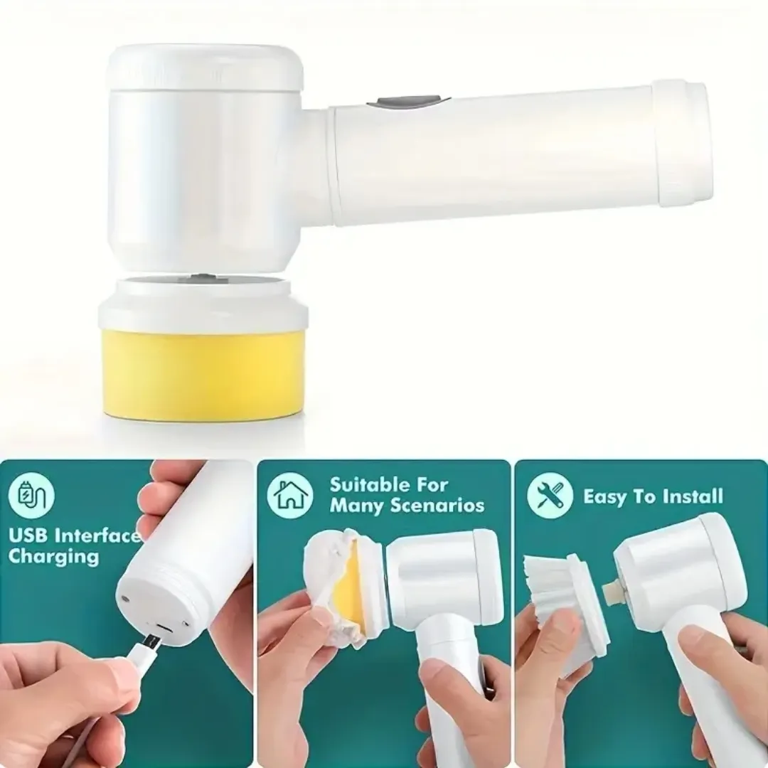 Brosse électrique de nettoyage rechargeable USB – Nettoyeur rotatif sans fil avec têtes interchangeables