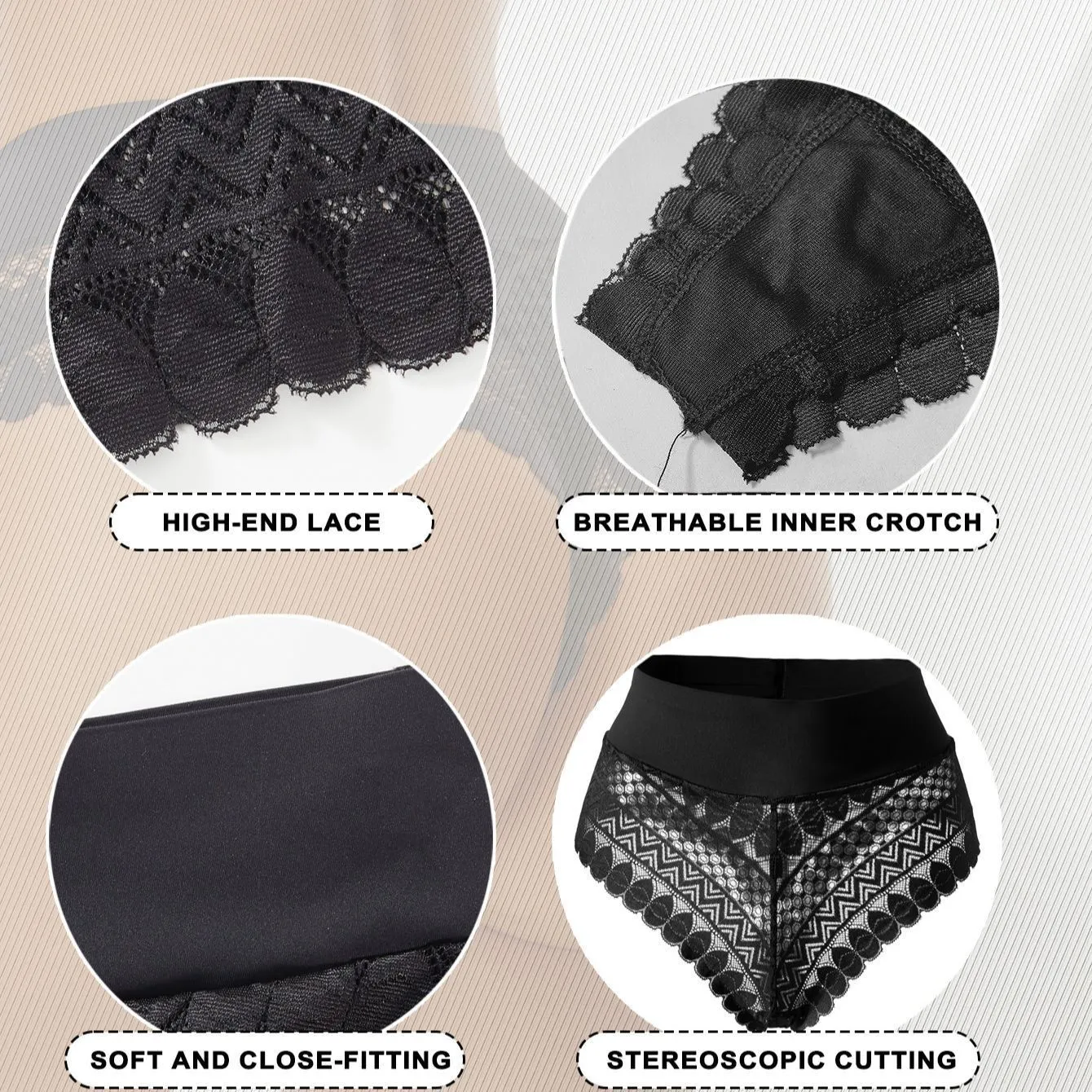 Lot de 3 pièces. Culotte femme dentelle sans couture – Taille haute confortable, élégante et respirante