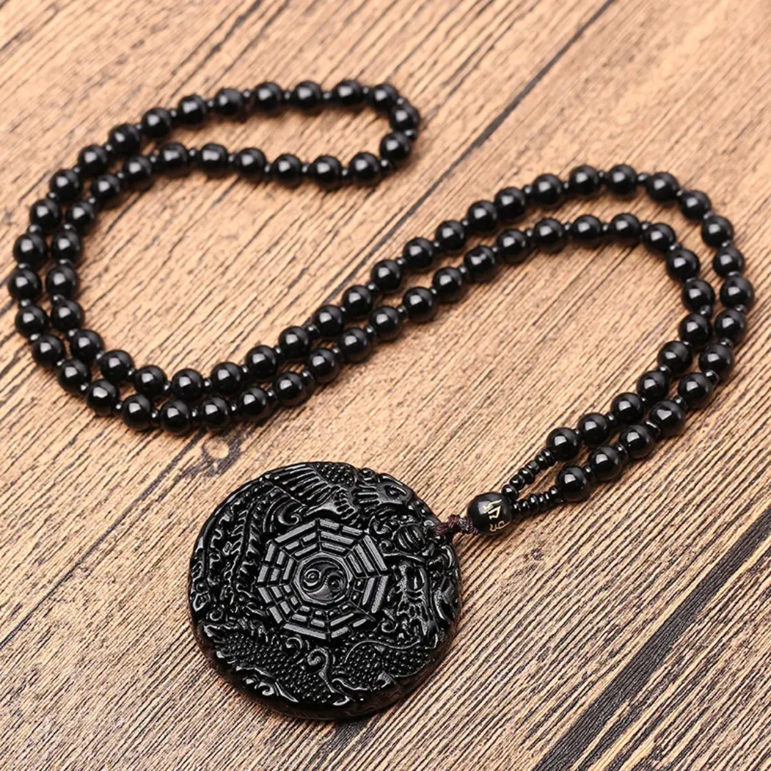 Collier pendentif Yin Yang & Bagua – Dragon & Phénix – Noir – Style unisexe