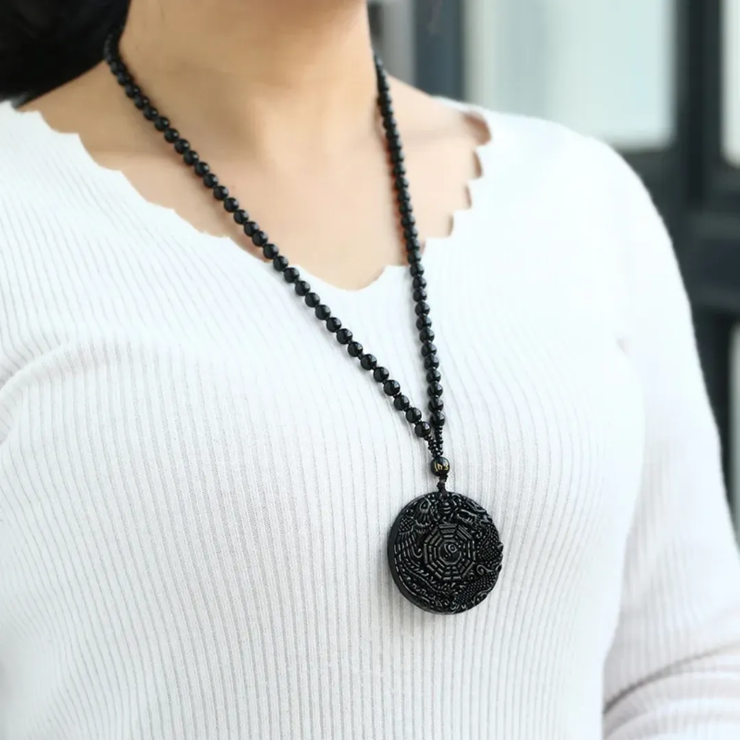 Collier pendentif Yin Yang & Bagua – Dragon & Phénix – Noir – Style unisexe