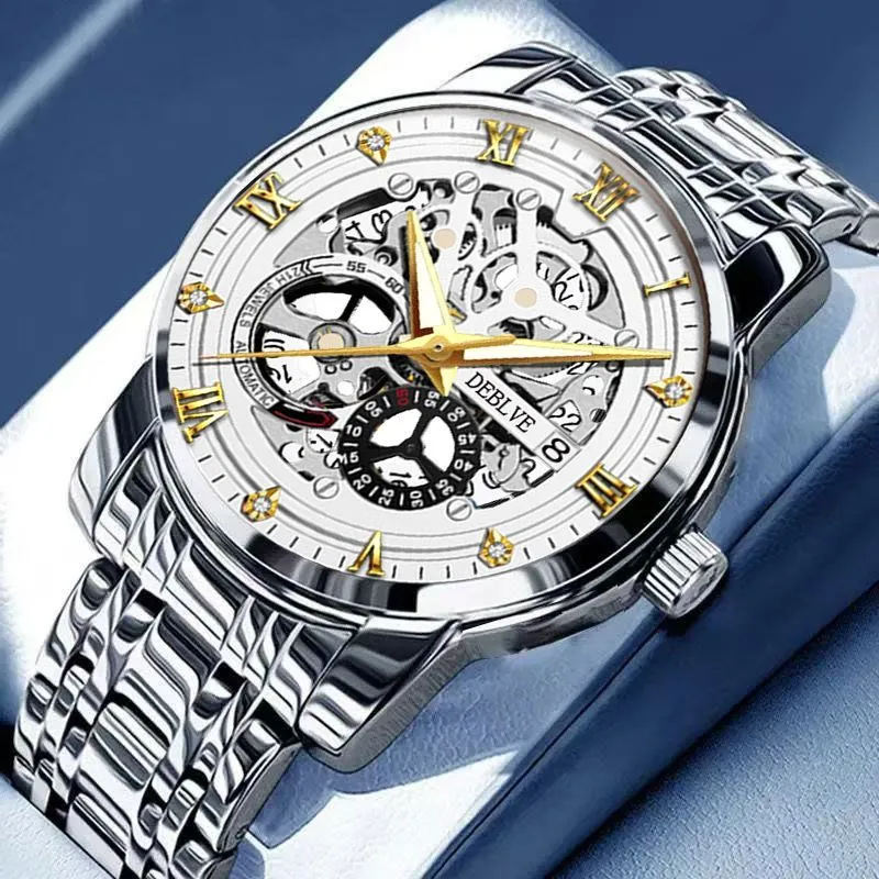 Montre mécanique automatique homme DEBLVE – Squelette dorée – Bracelet acier – Étanche 30 m