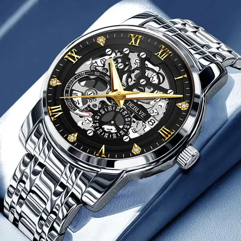 Montre mécanique automatique homme DEBLVE – Squelette dorée – Bracelet acier – Étanche 30 m