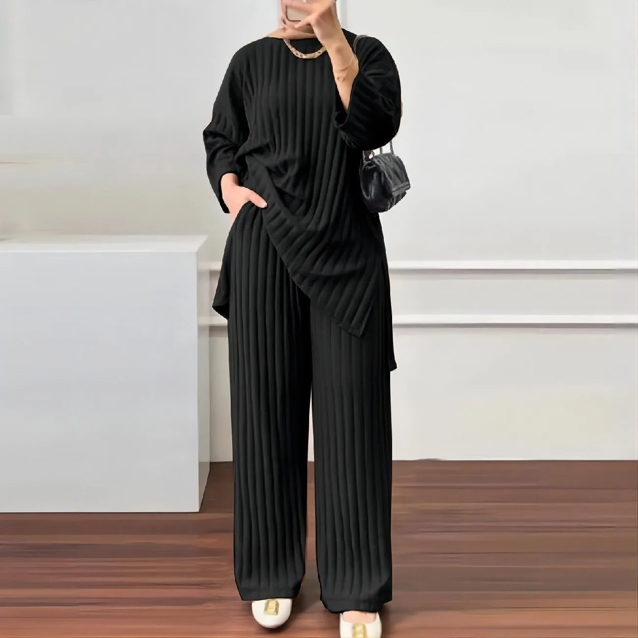 Ensemble femme plissé deux pièces – Haut manches longues & pantalon large, style élégant
