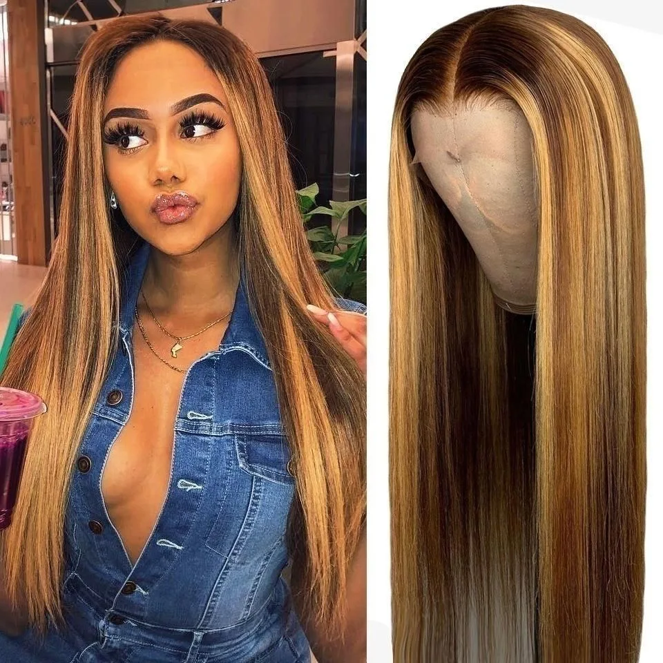 24 pouces Perruque Longue Lisse Blonde Miel avec Mèches - Cheveux Synthétiques Style Européen/Africain