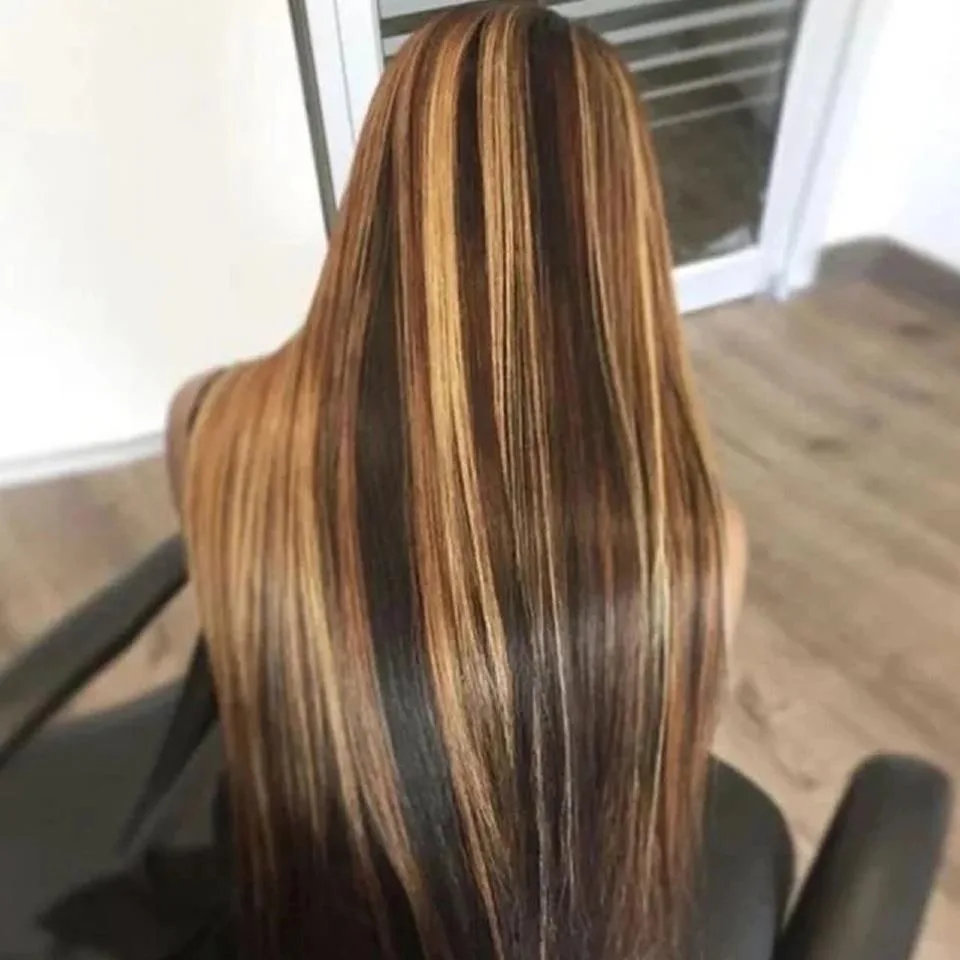 24 pouces Perruque Longue Lisse Blonde Miel avec Mèches - Cheveux Synthétiques Style Européen/Africain